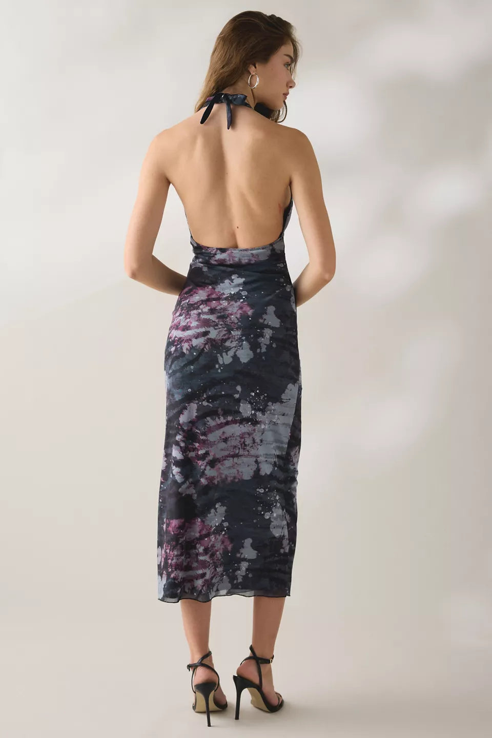 Women's Deep Plunge Halter Ruched Mesh Midi Dress