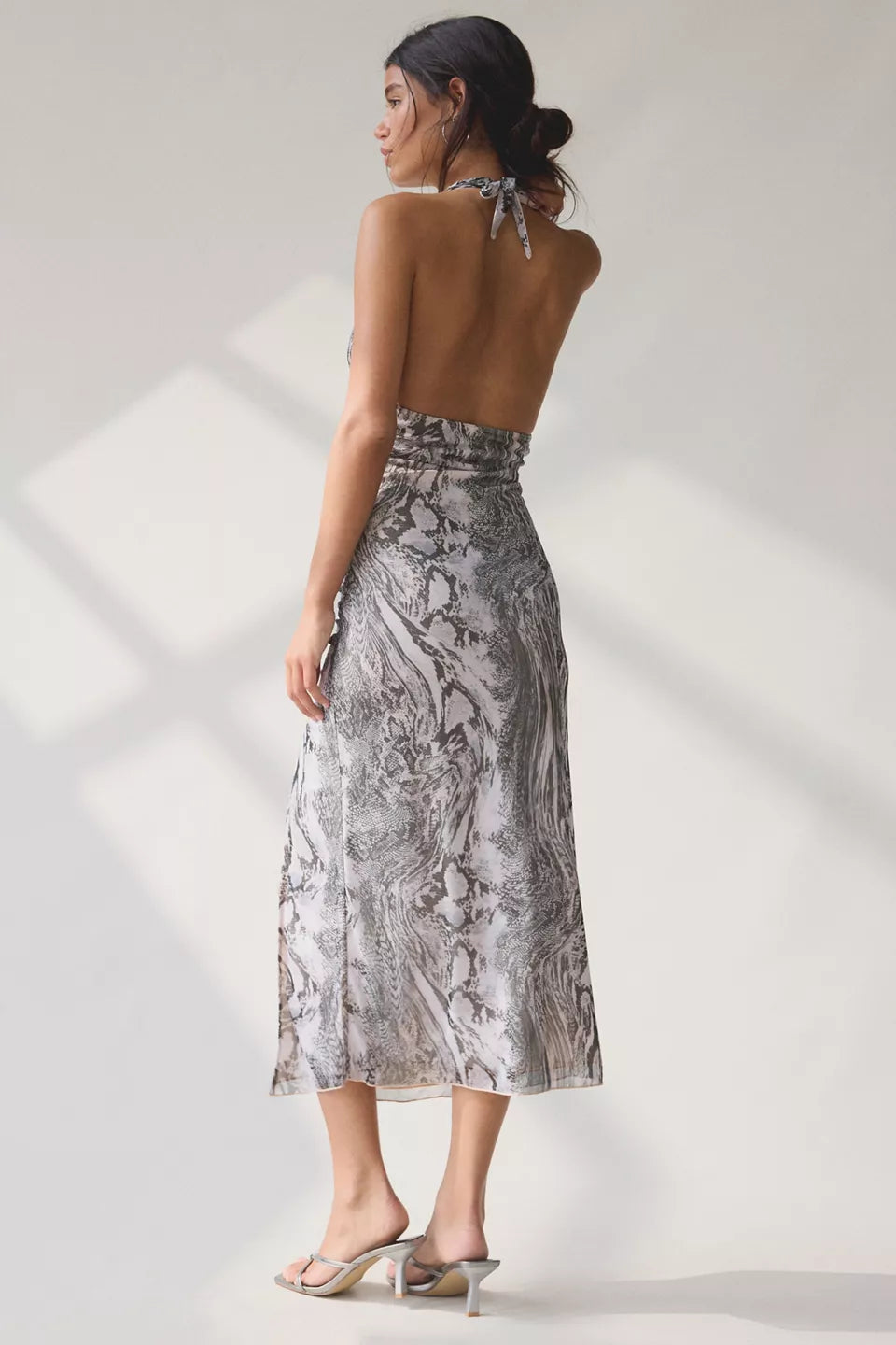 Women's Deep Plunge Halter Ruched Mesh Midi Dress