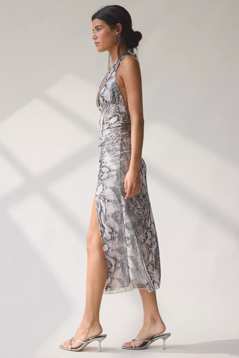 Women's Deep Plunge Halter Ruched Mesh Midi Dress