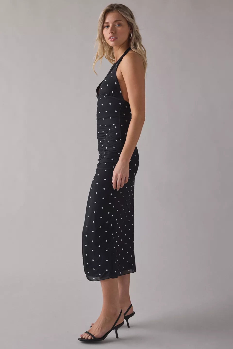 Women's Deep Plunge Halter Ruched Mesh Midi Dress