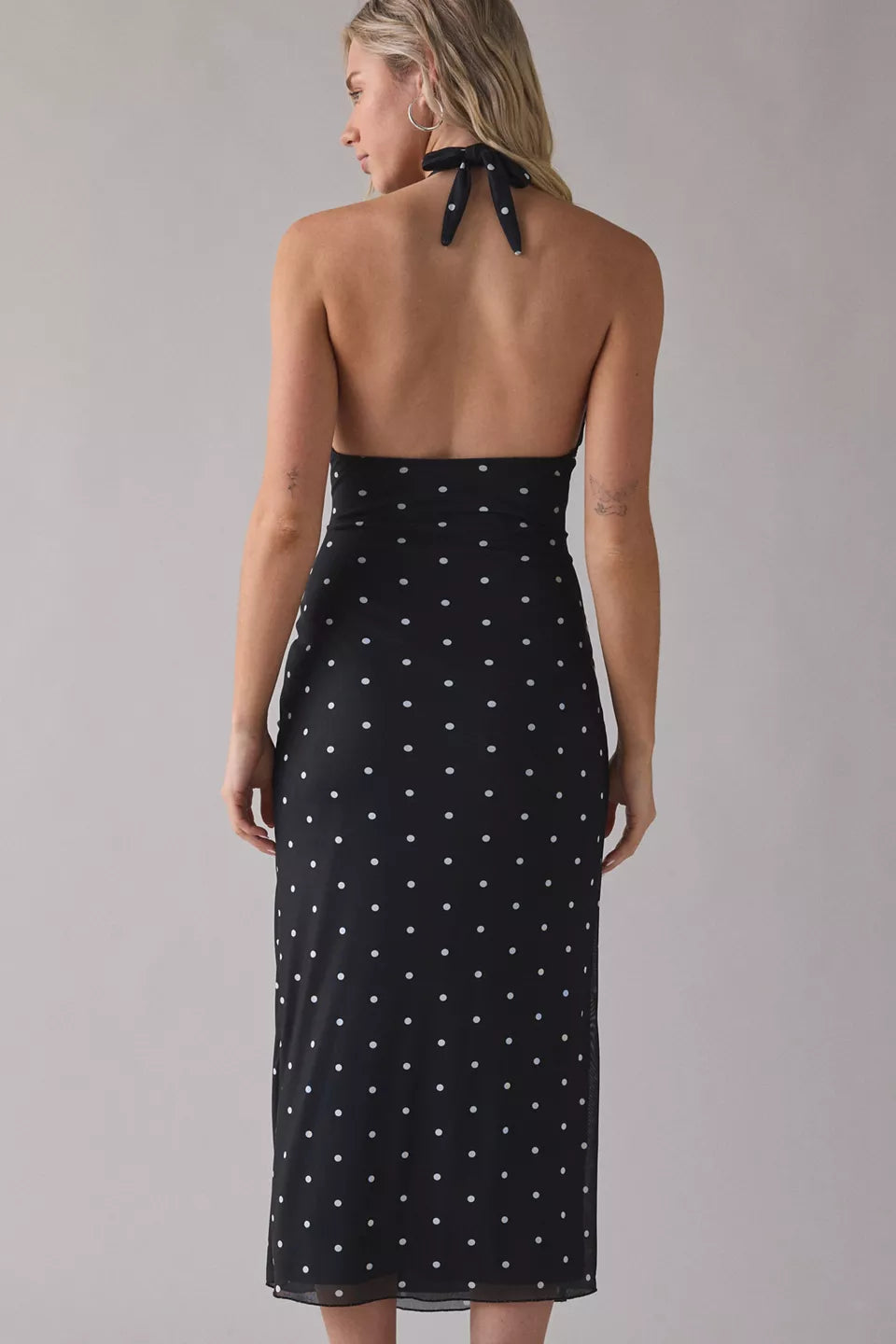 Women's Deep Plunge Halter Ruched Mesh Midi Dress