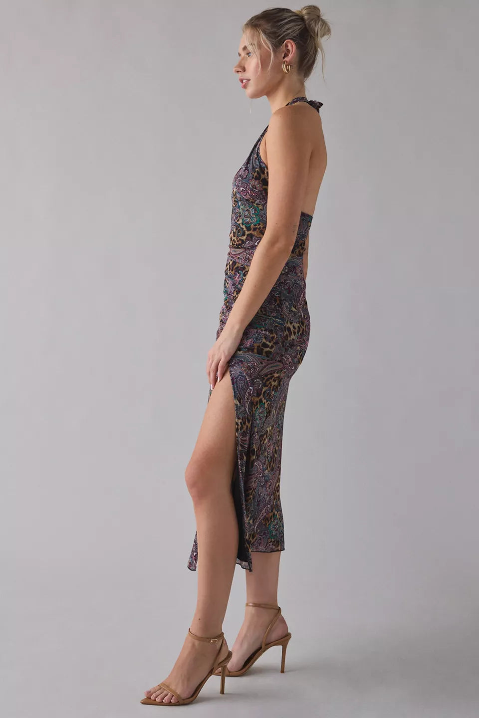 Women's Deep Plunge Halter Ruched Mesh Midi Dress
