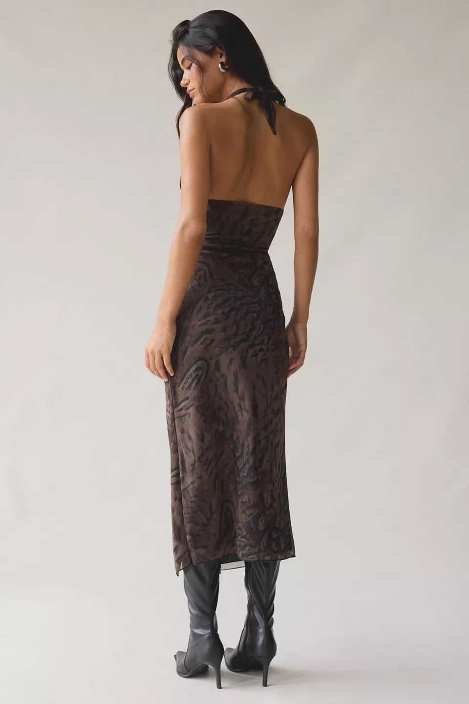Women's Deep Plunge Halter Ruched Mesh Midi Dress