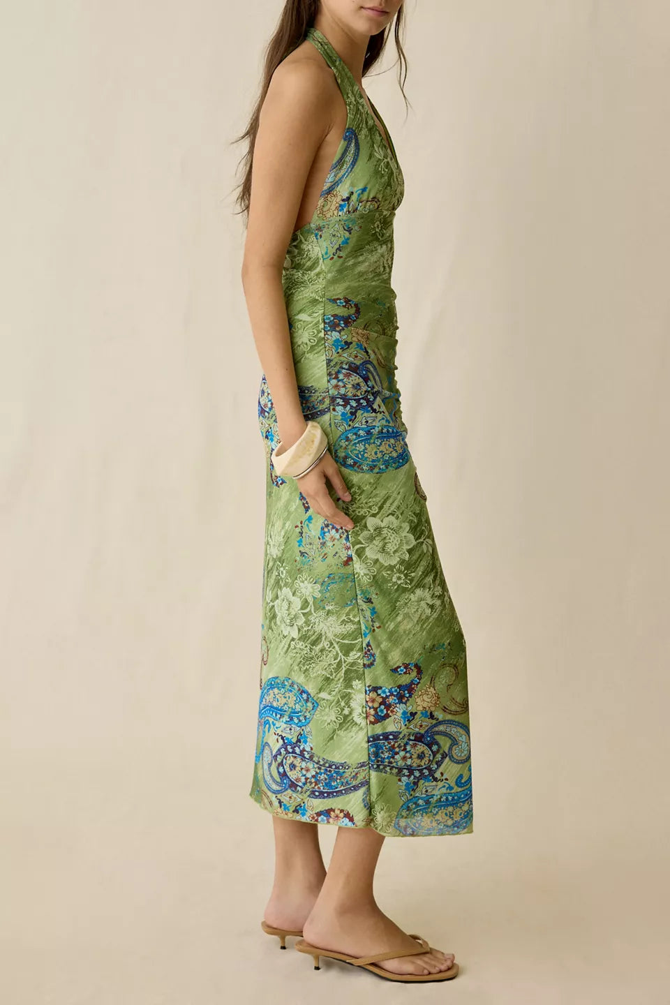 Women's Deep Plunge Halter Ruched Mesh Midi Dress
