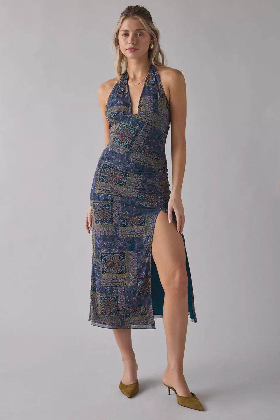 Women's Deep Plunge Halter Ruched Mesh Midi Dress