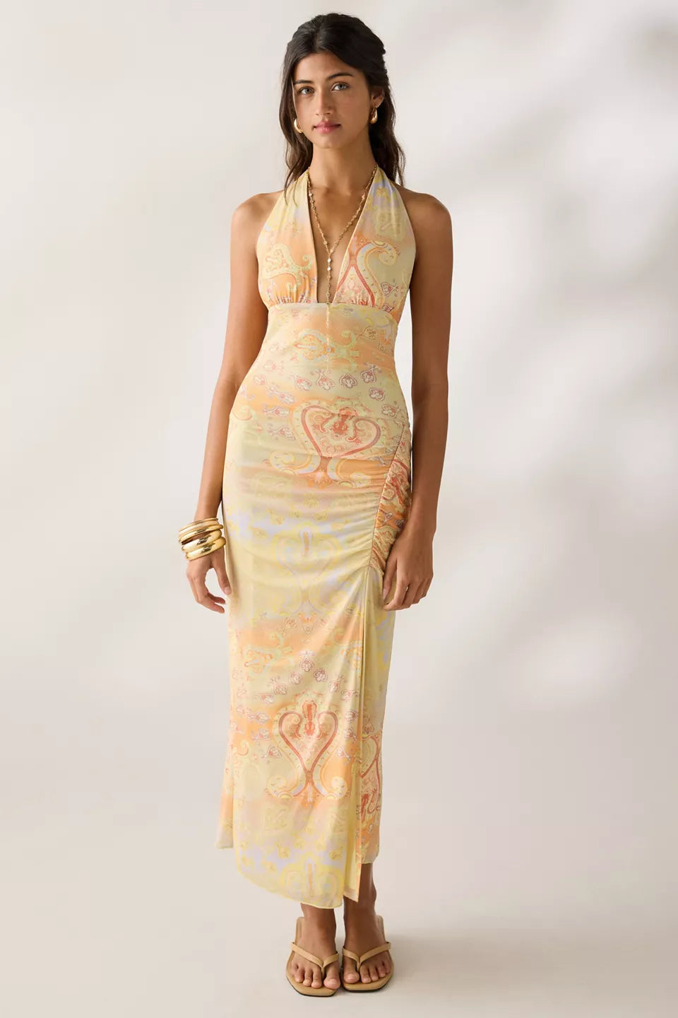 Women's Deep Plunge Halter Ruched Mesh Midi Dress