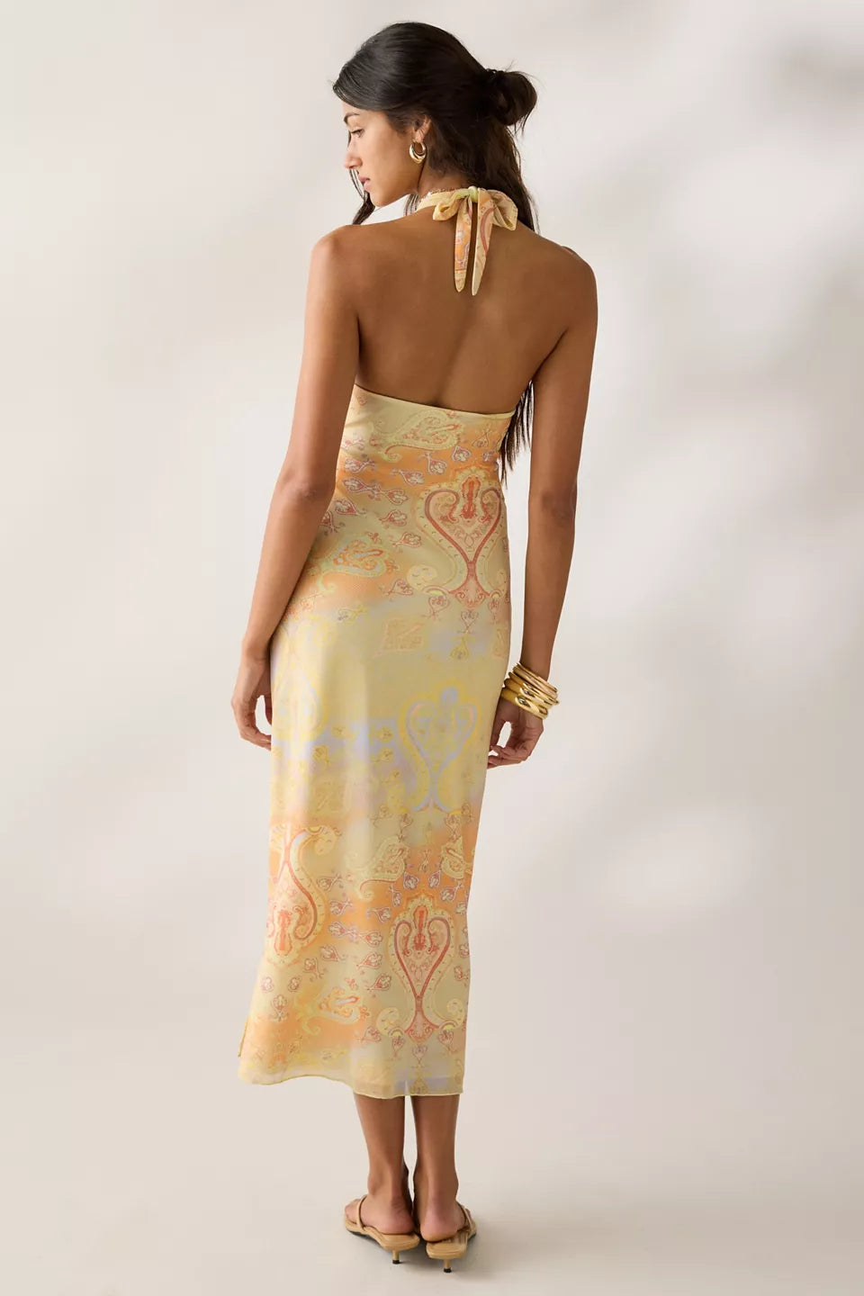 Women's Deep Plunge Halter Ruched Mesh Midi Dress