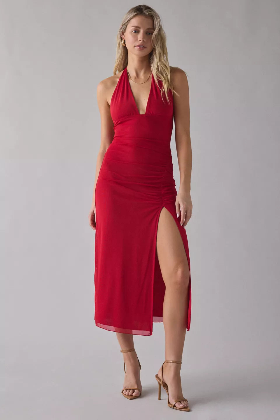 Women's Deep Plunge Halter Ruched Mesh Midi Dress