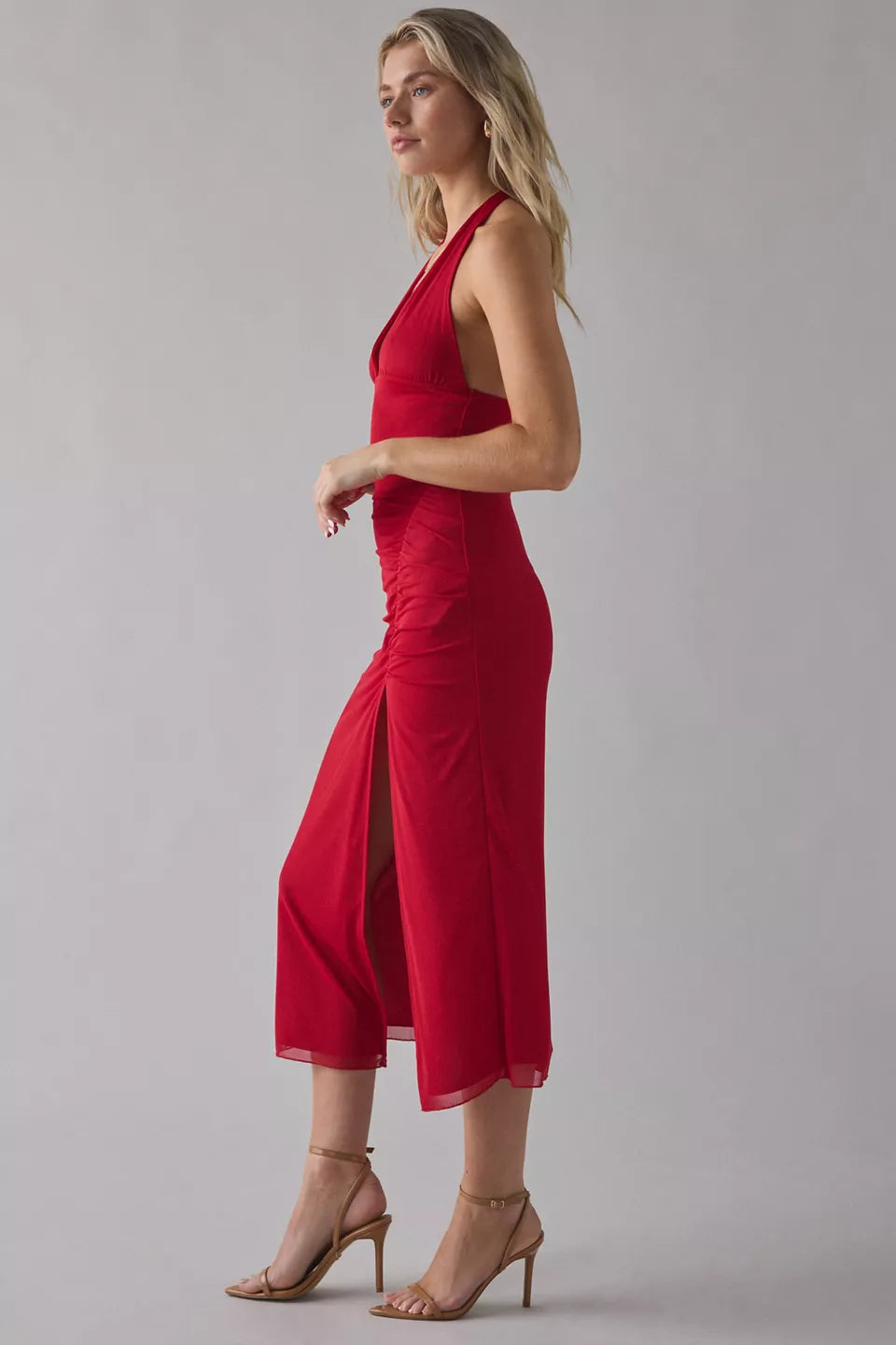 Women's Deep Plunge Halter Ruched Mesh Midi Dress