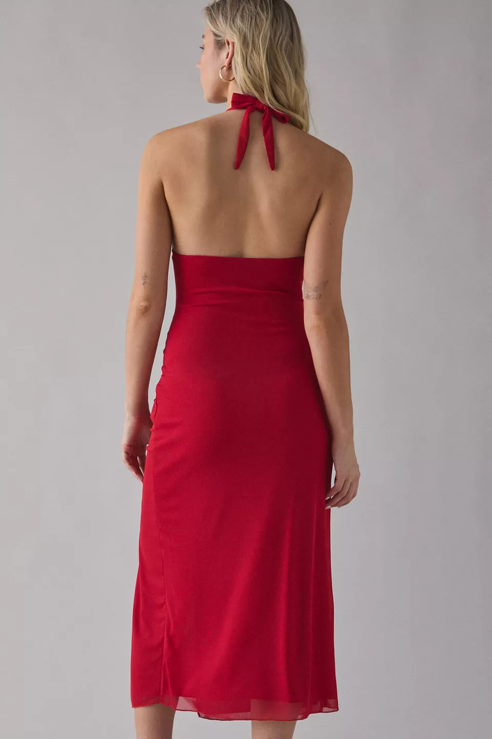 Women's Deep Plunge Halter Ruched Mesh Midi Dress
