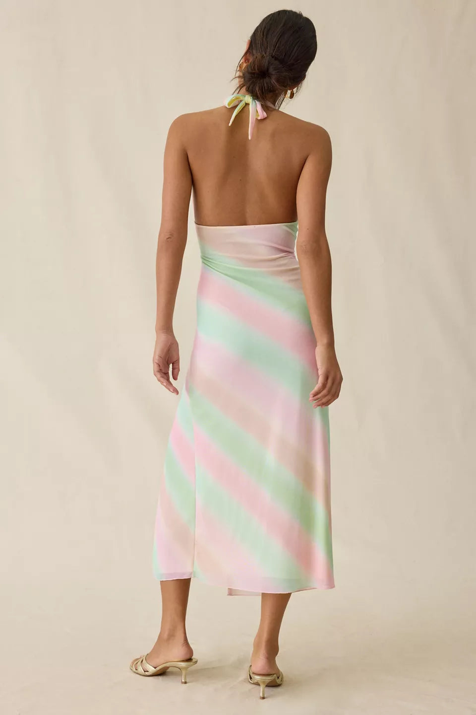 Women's Deep Plunge Halter Ruched Mesh Midi Dress