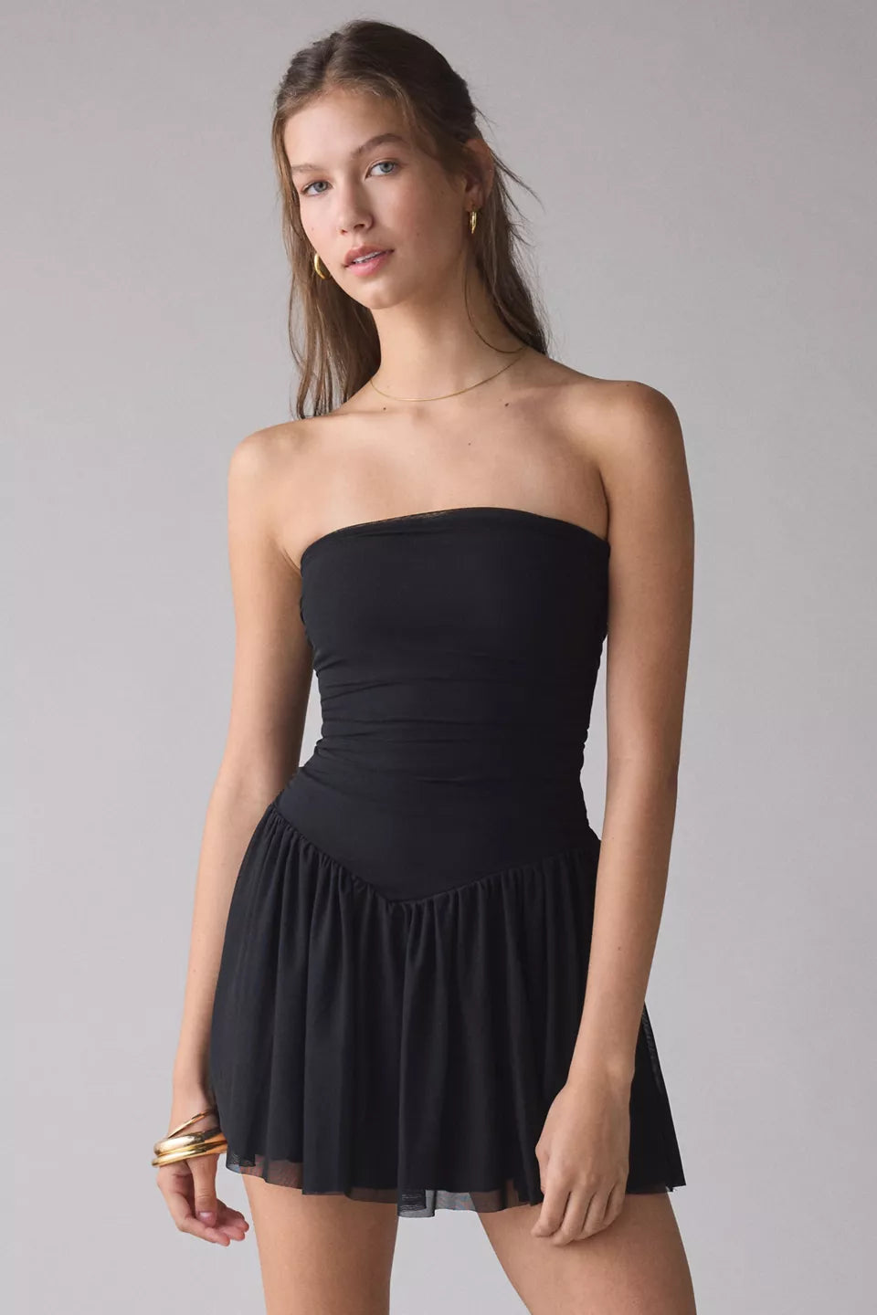 Women's Modern Mesh Basque Waist Strapless Mini Dress