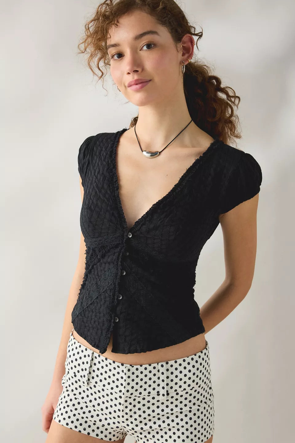 Women's Robyn Ruffle Lace Trim Puff Sleeve Button-Up Blouse