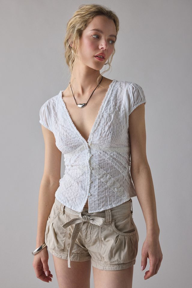 Kimchi Blue Women's Robyn Ruffle Lace Trim Puff Sleeve Button-Up Blouse