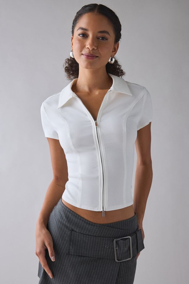 Urban Outfitters Women's Ledia Slim Short Sleeve Zip-Front Shirt