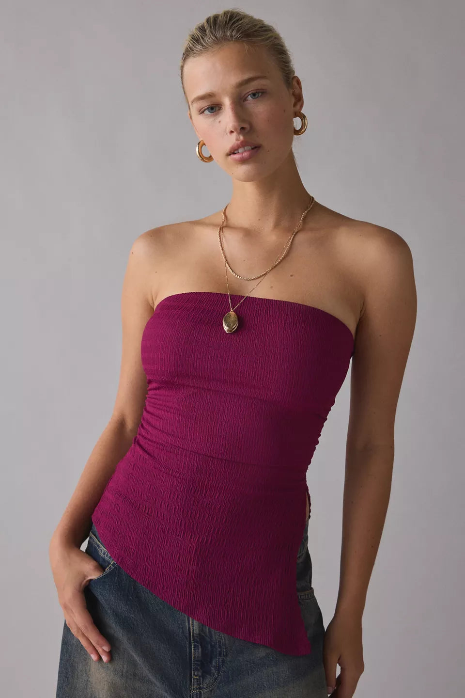 UO Afterparty Asymmetric Side-Slit Flyaway Tube Top