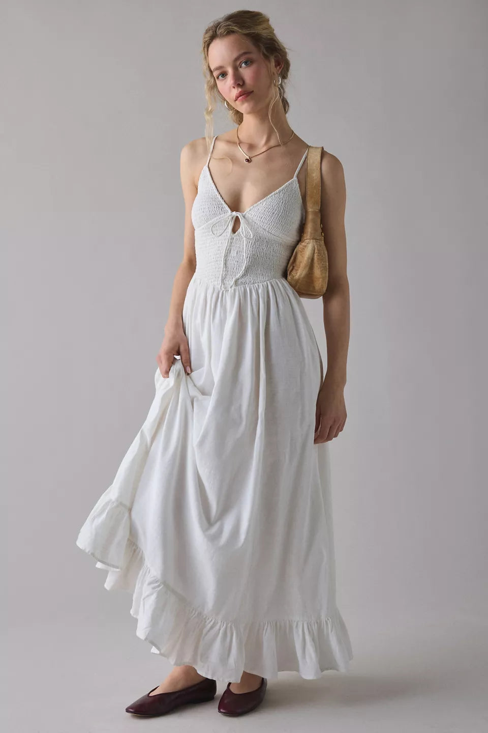 Women's Keepsake Tie-Front Smocked Cotton Maxi Dress
