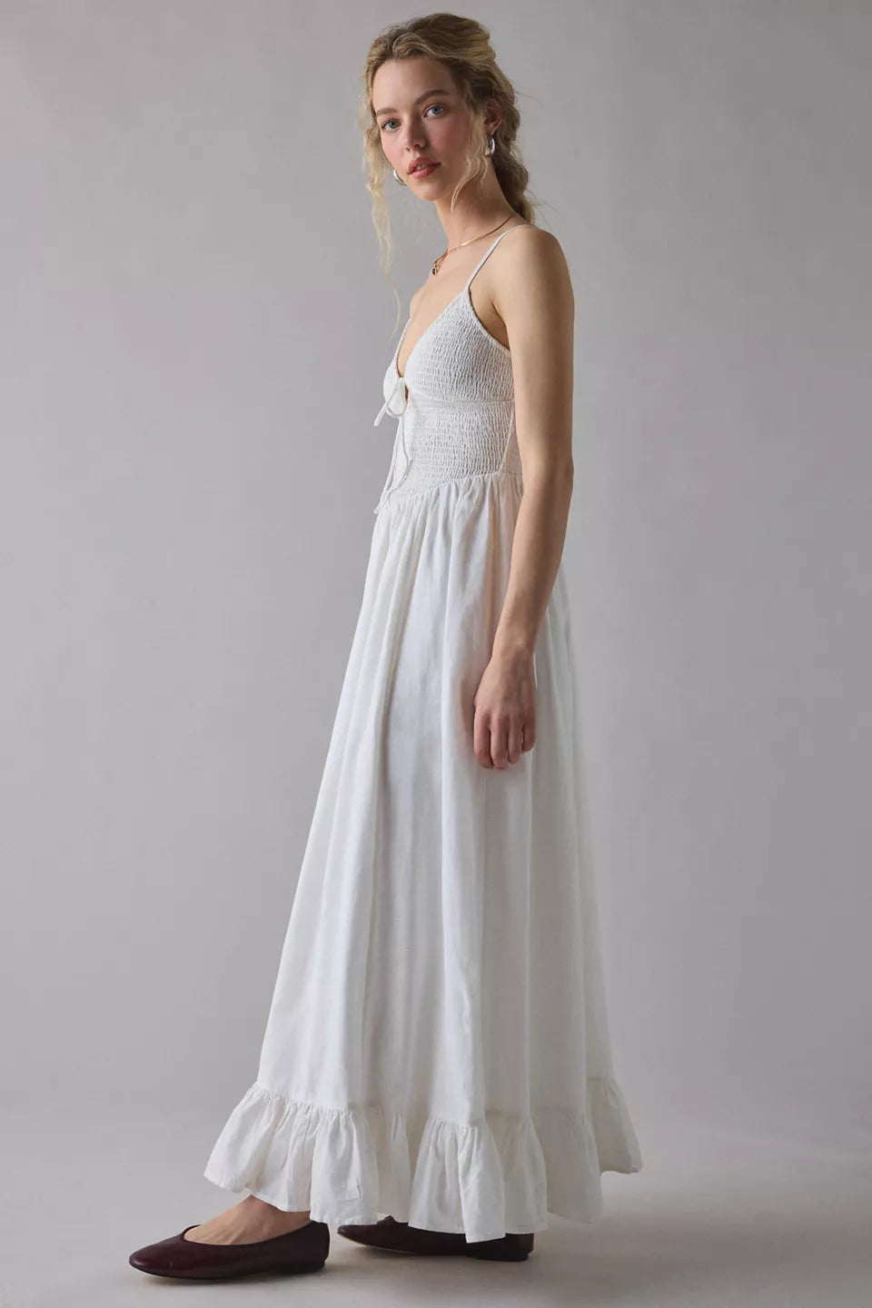 Women's Keepsake Tie-Front Smocked Cotton Maxi Dress