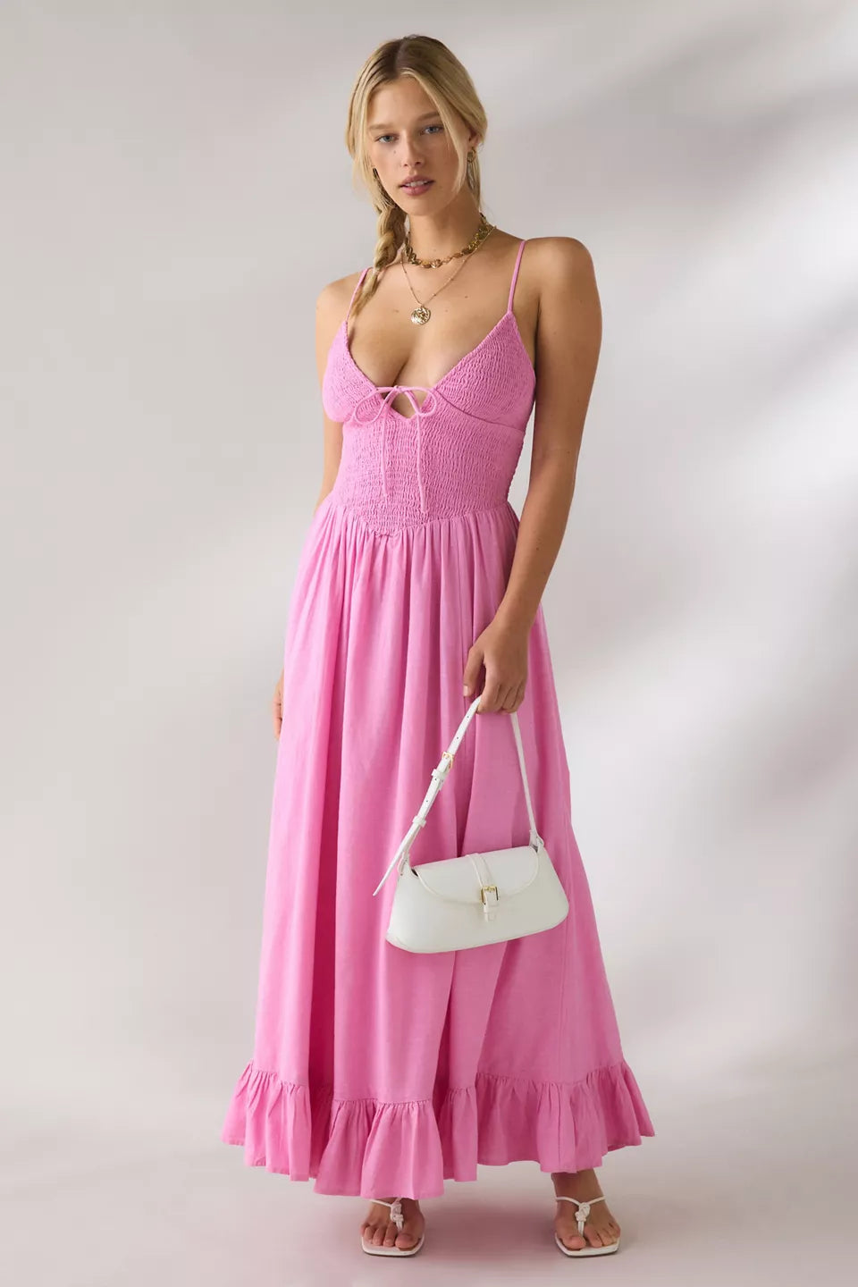 Women's Keepsake Tie-Front Smocked Cotton Maxi Dress