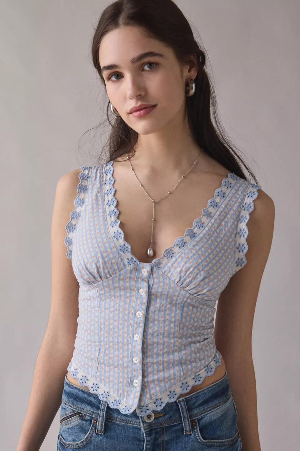 Women's It's A Vibe Eyelet Lace Trim Corset Tank Top