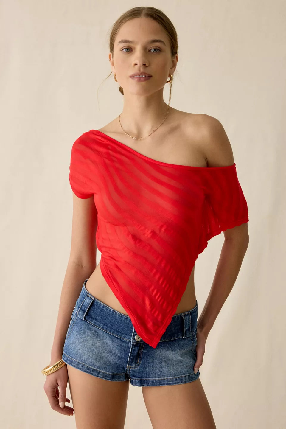 Women's Bia Sheer Stripe Asymmetric Off-The-Shoulder Poncho