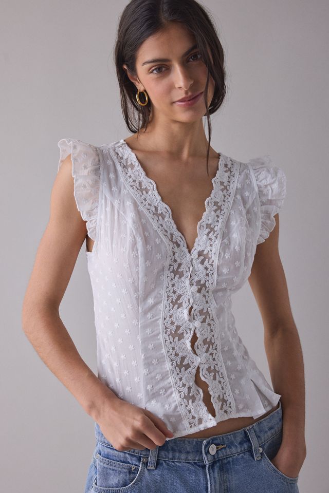 Kimchi Blue Women's Aurelia Lace Trim Flutter Sleeve Blouse