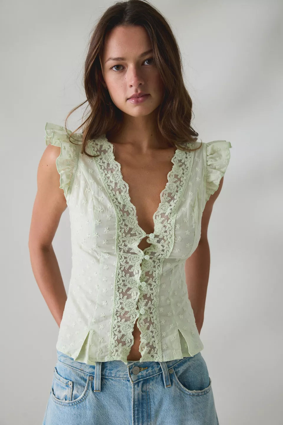 Women's Aurelia Lace Trim Flutter Sleeve Blouse