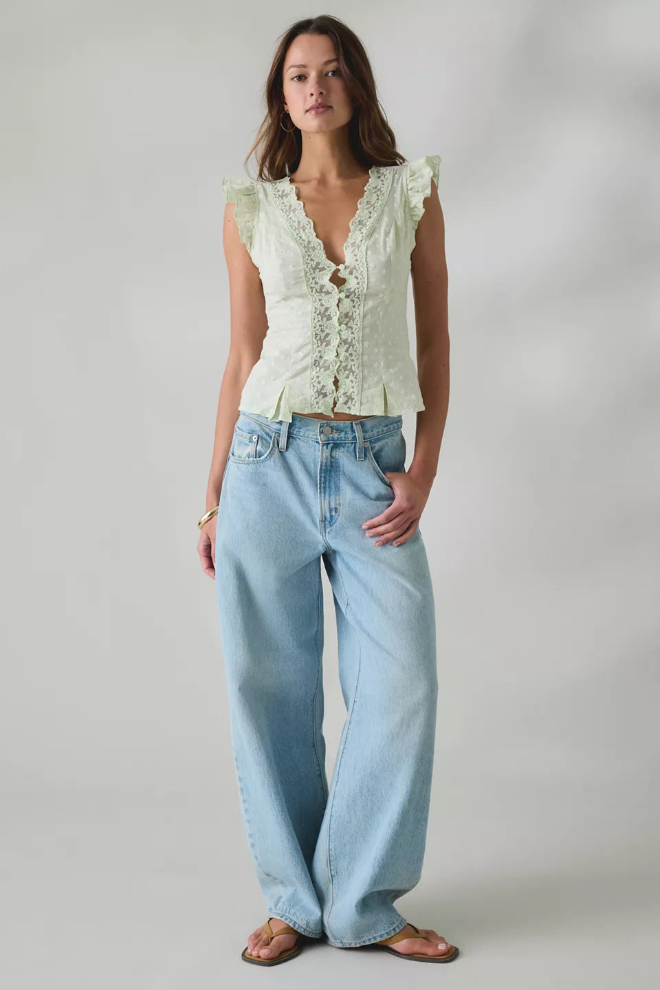 Kimchi Blue Women's Aurelia Lace Trim Flutter Sleeve Blouse