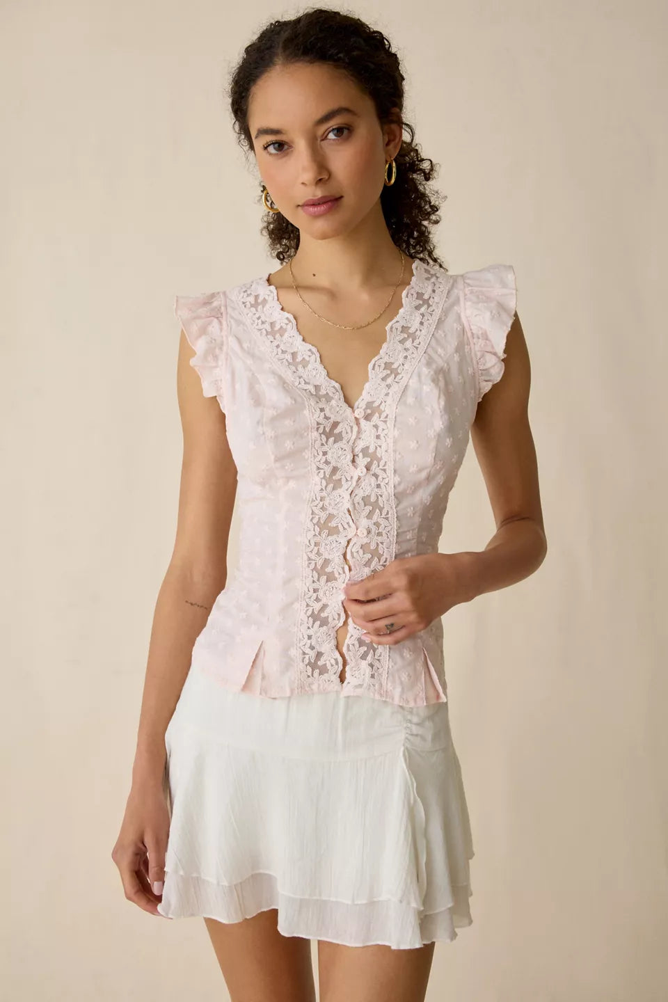Women's Aurelia Lace Trim Flutter Sleeve Blouse