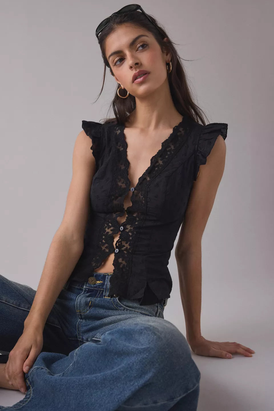 Kimchi Blue Women's Aurelia Lace Trim Flutter Sleeve Blouse
