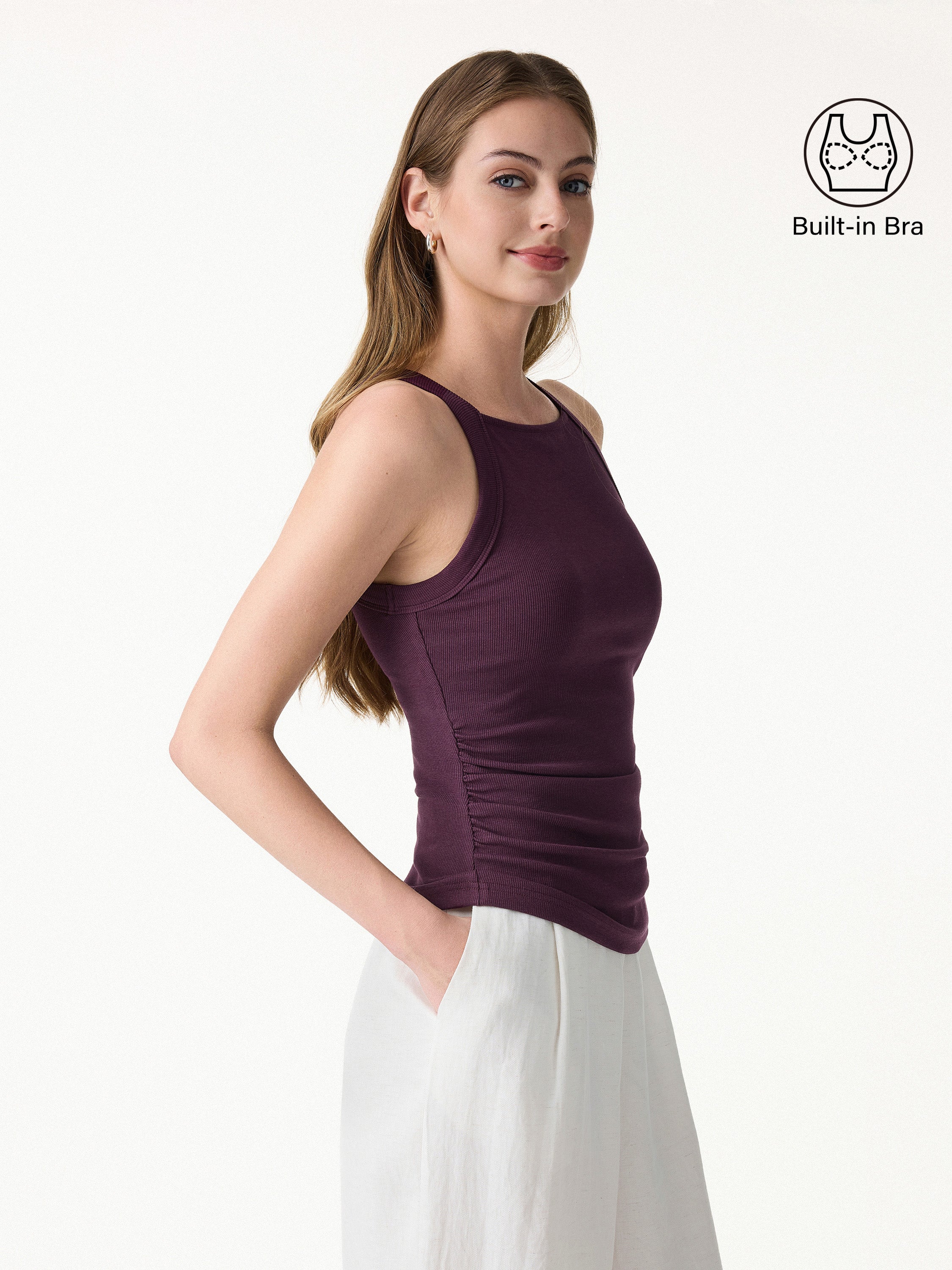 OGLmove Square Neck Ruched Rib Bra Tank Built-In Support