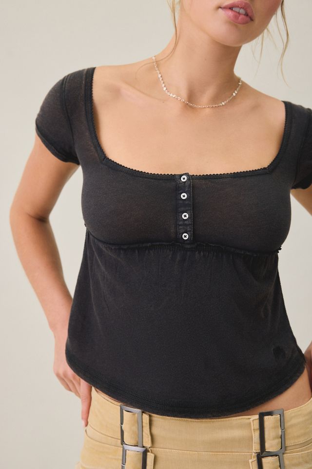 BDG Women's Brittney Square Neck Henley Babydoll Tee