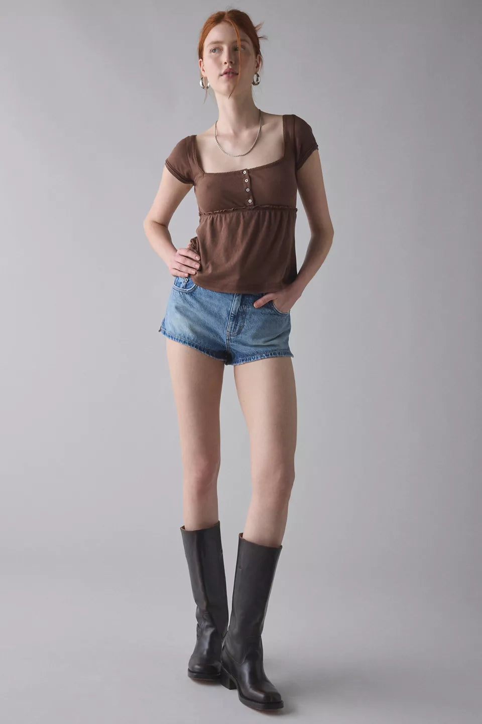 Women's Brittney Square Neck Henley Babydoll Tee