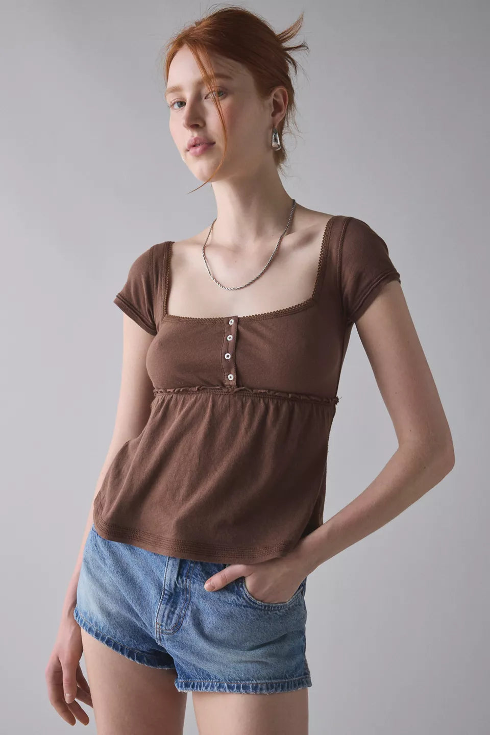 BDG Women's Brittney Square Neck Henley Babydoll Tee