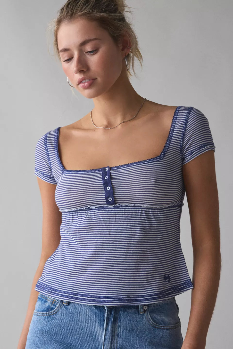 BDG Women's Brittney Square Neck Henley Babydoll Tee