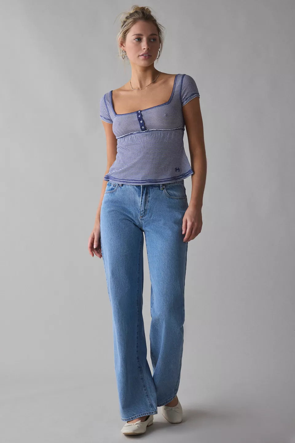 BDG Women's Brittney Square Neck Henley Babydoll Tee