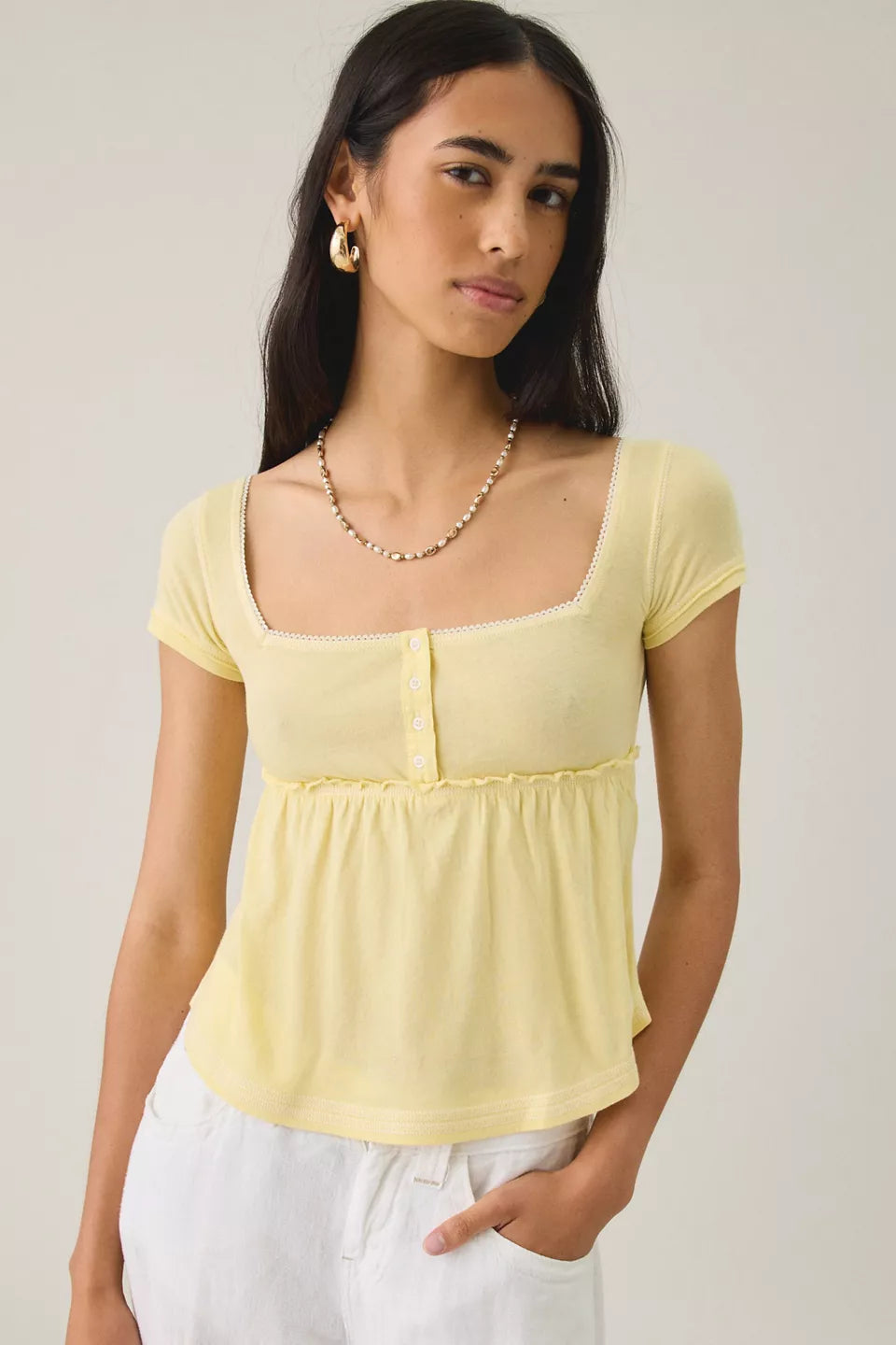 BDG Women's Brittney Square Neck Henley Babydoll Tee