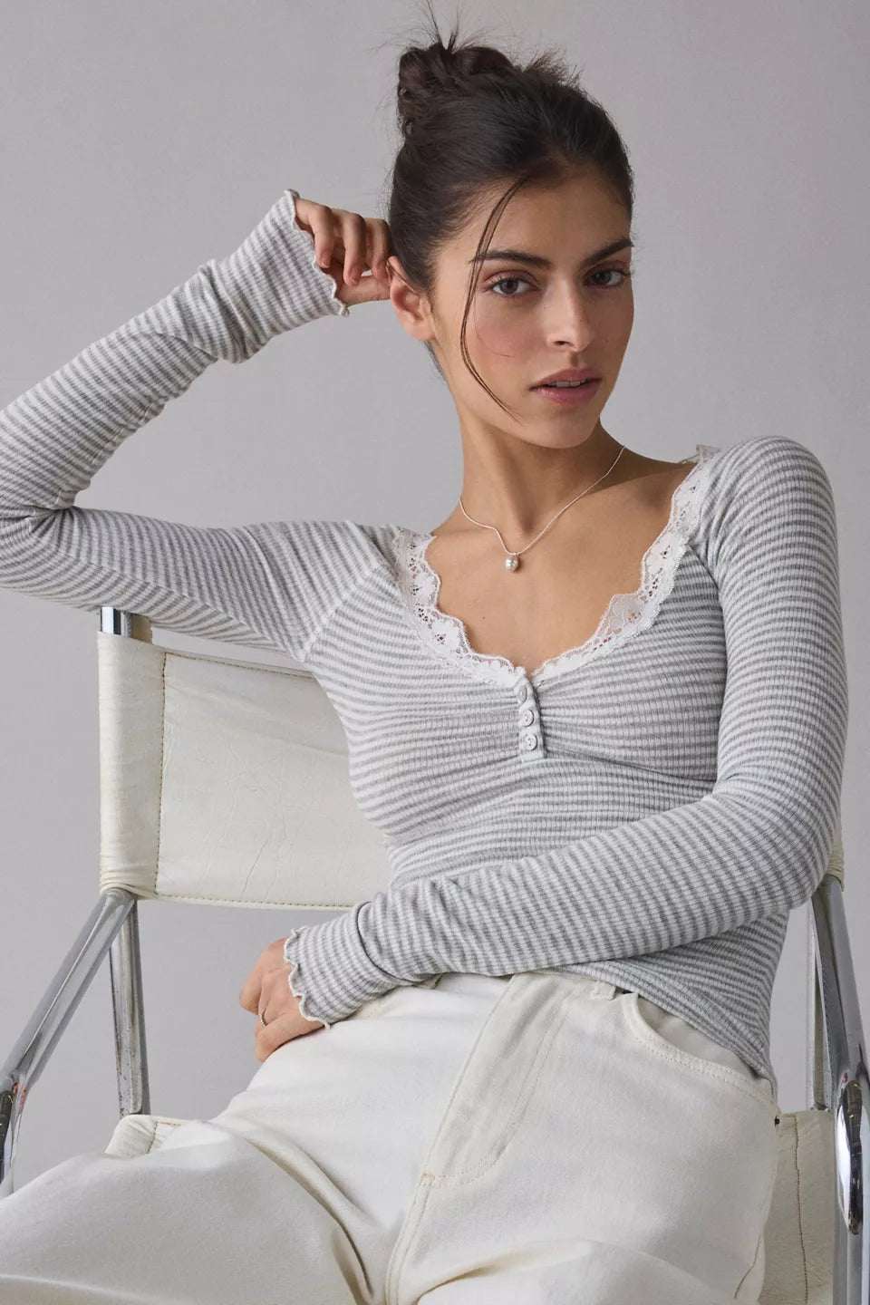 Women's Diana Lace-Trim Long Sleeve Henley Top