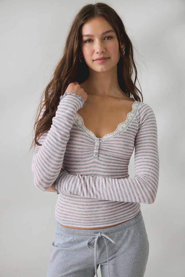Out From Under Women's Diana Lace-Trim Long Sleeve Henley Top