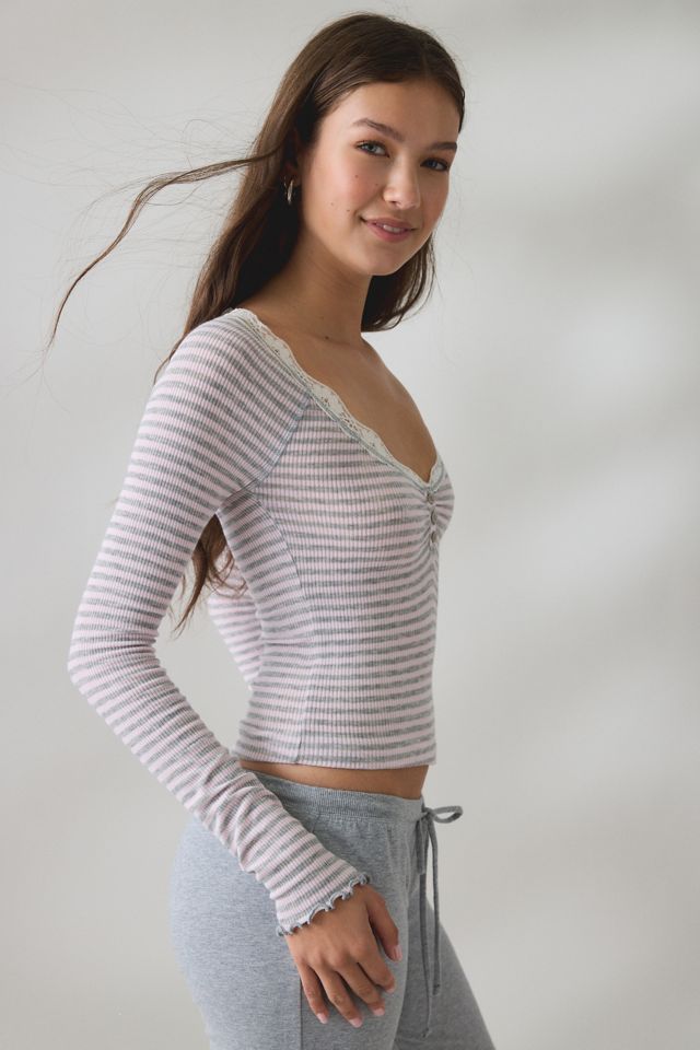 Out From Under Women's Diana Lace-Trim Long Sleeve Henley Top
