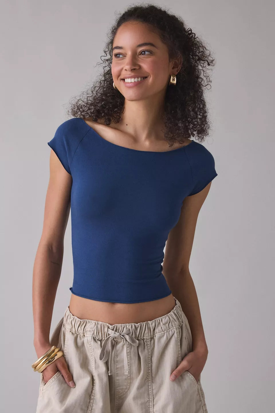 Women's Cotton Compression Boatneck Cropped Tee