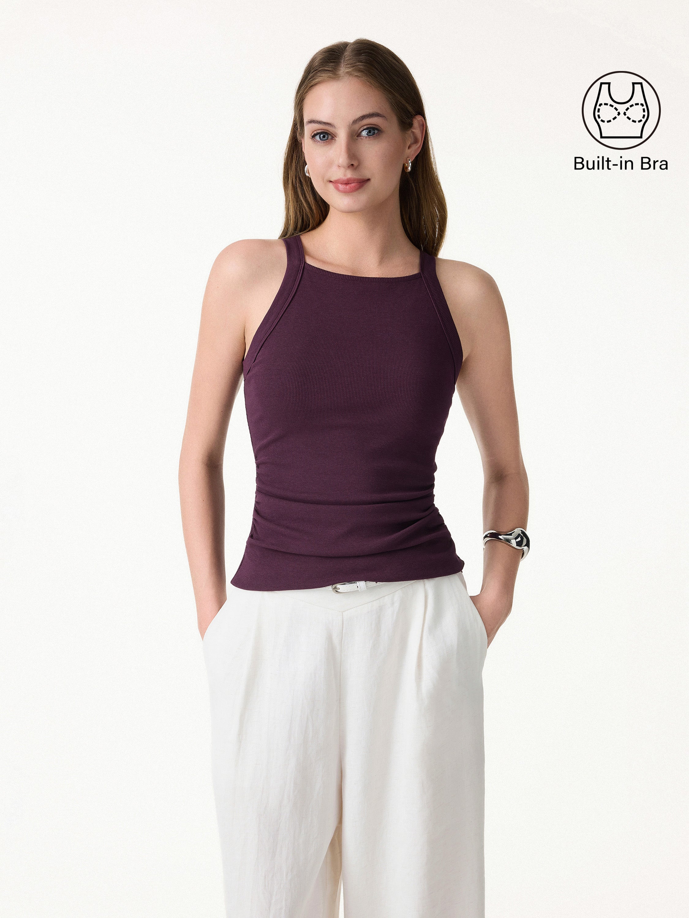 OGLmove Square Neck Ruched Rib Bra Tank Built-In Support